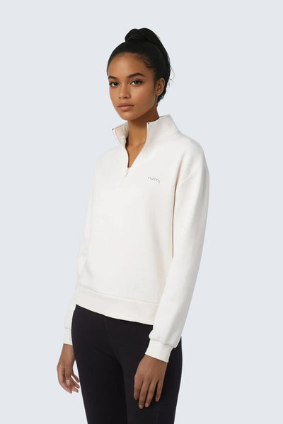 W Moon Sweatshirt Fleece Mock-Neck Half-Zip - Natural