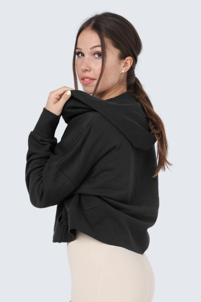W Moon Cropped Sweatshirt Fleece Hoodie + Zip - Black