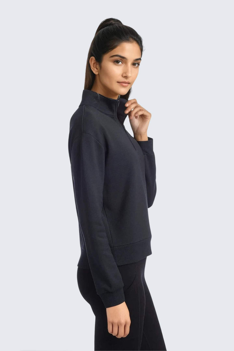 W Moon Sweatshirt Fleece Mock-Neck Half-Zip - Black