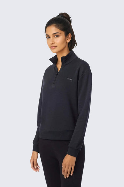 W Moon Sweatshirt Fleece Mock-Neck Half-Zip - Black