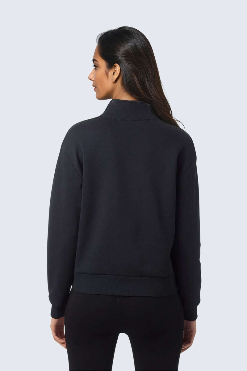 W Moon Sweatshirt Fleece Mock-Neck Half-Zip - Black