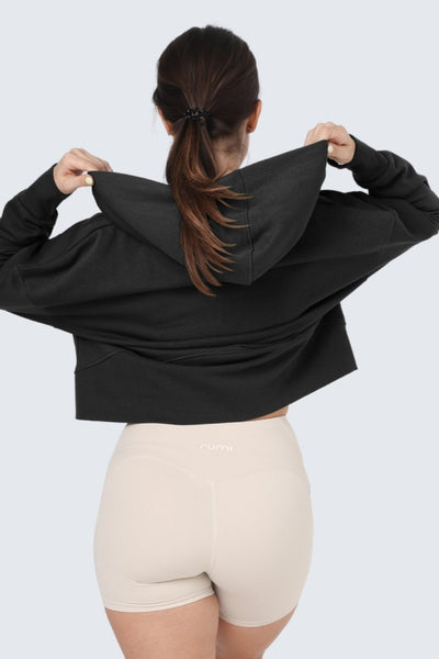 W Moon Cropped Sweatshirt Fleece Hoodie + Zip - Black