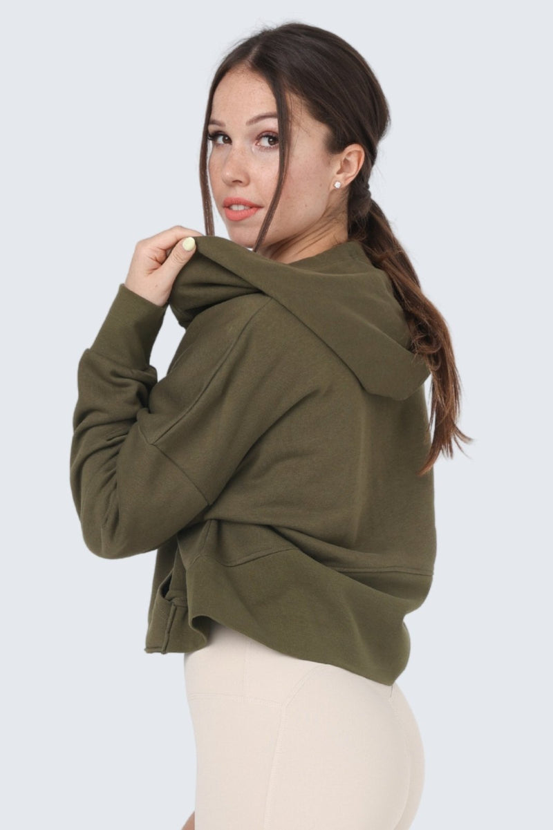 W Moon Cropped Sweatshirt Fleece Hoodie + Zip - Olive Deep