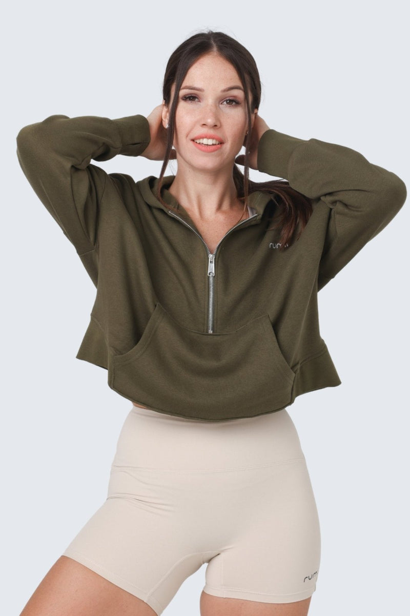 W Moon Cropped Sweatshirt Fleece Hoodie + Zip - Olive Deep