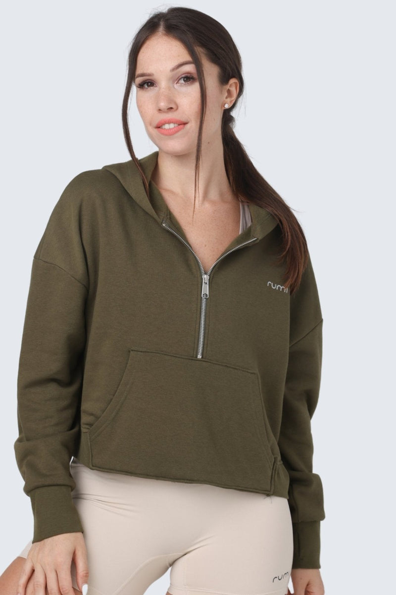 W Moon Cropped Sweatshirt Fleece Hoodie + Zip - Olive Deep