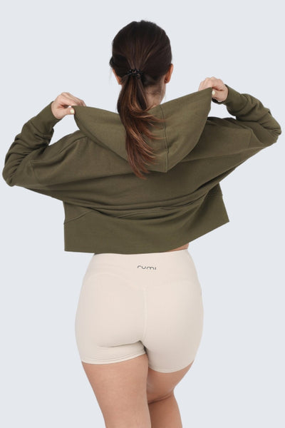 W Moon Cropped Sweatshirt Fleece Hoodie + Zip - Olive Deep