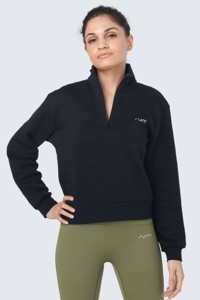 W Moon Sweatshirt Fleece Mock-Neck Half-Zip - Black