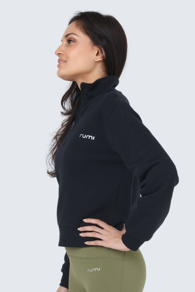 W Moon Sweatshirt Fleece Mock-Neck Half-Zip - Black