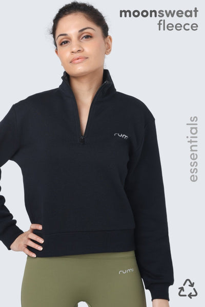 W Moon Sweatshirt Fleece Mock-Neck Half-Zip - Black